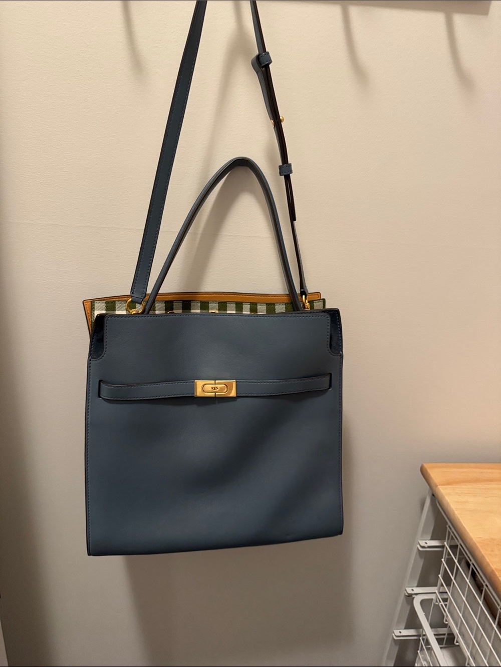 Tory Burch Slate Blue Leather Shoulder Bag with Gold Hardware